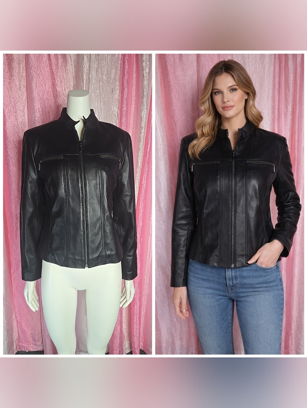 Valerie Stevens Black Moto 100% Leather Softshell Jacket Size Medium
